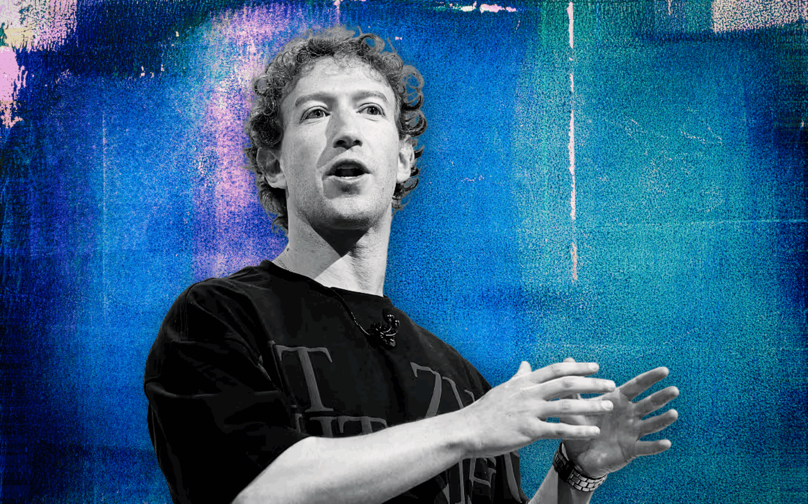 Stylised portrait of Mark Zuckerberg speaking on stage, set against a textured blue background, used in family office case study Stylised portrait of Mark Zuckerberg speaking on stage, set against a textured blue background, used in family office case study