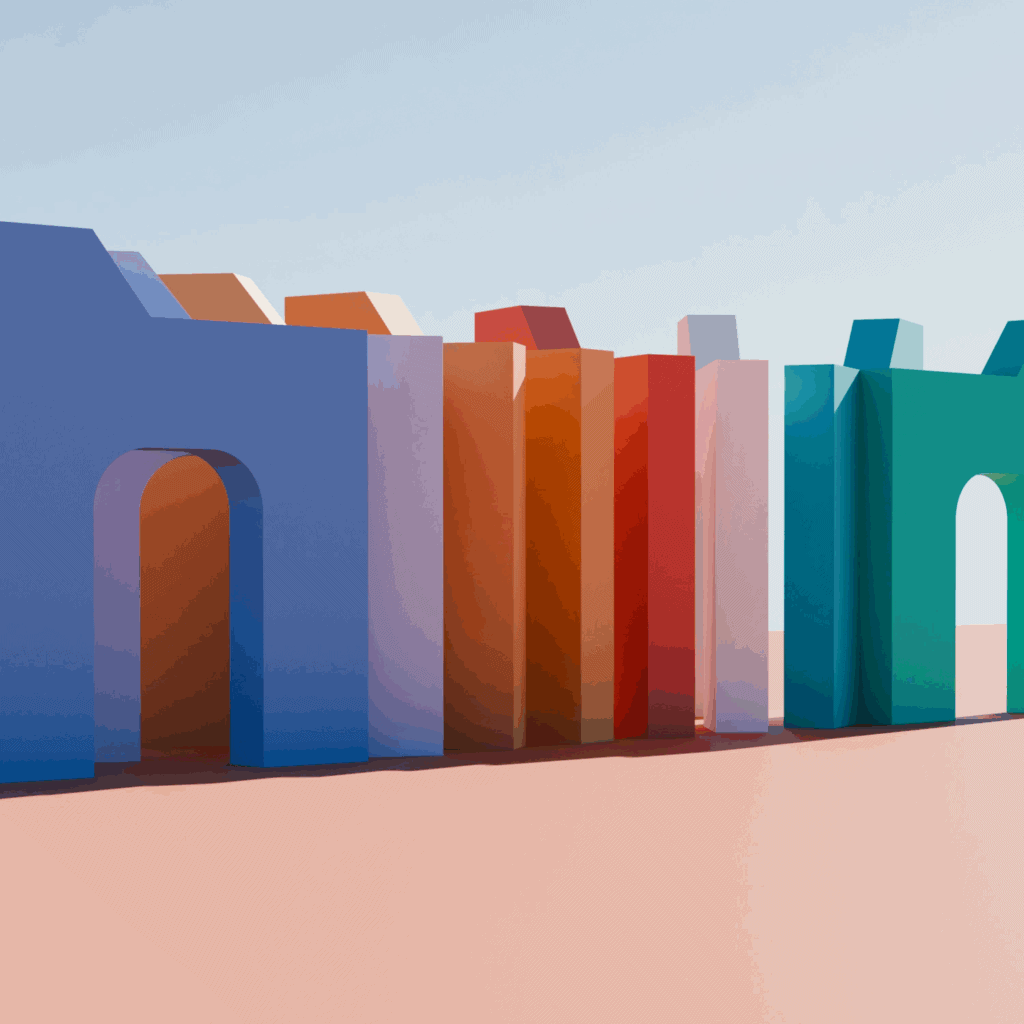 Abstract 3D geometric structures in blue, orange, and green tones by artist Ubaid E. Alyafizi, representing innovation and digital architecture in family office technology