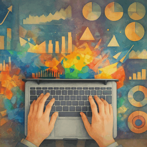 Illustration of hands typing on a laptop with colourful financial charts and graphs, representing fractional CFO services Illustration of hands typing on a laptop with colourful financial charts and graphs, representing fractional CFO services