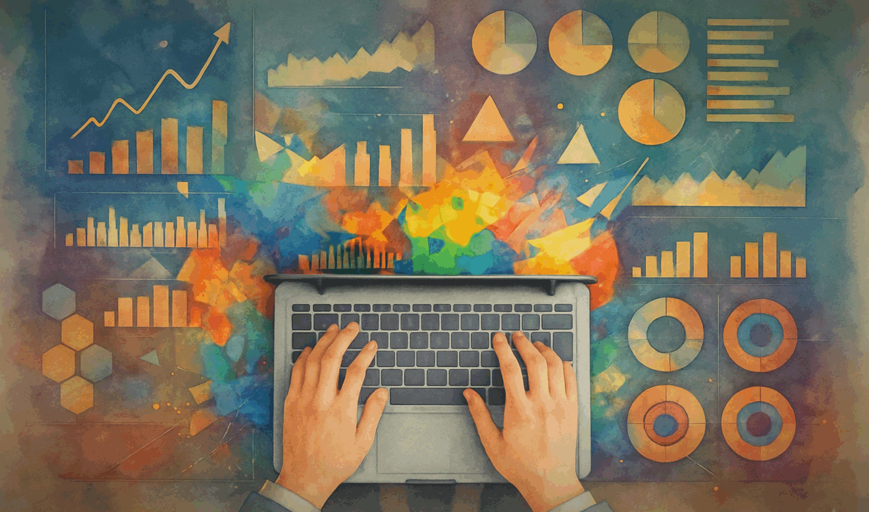 Illustration of hands typing on a laptop with colourful financial charts and graphs, representing fractional CFO services Illustration of hands typing on a laptop with colourful financial charts and graphs, representing fractional CFO services