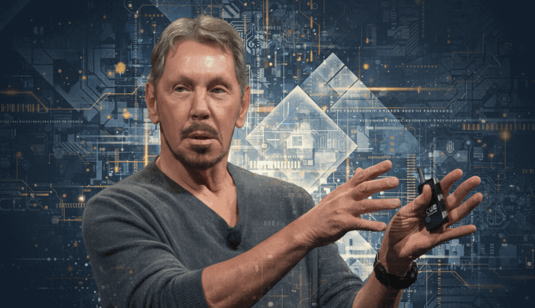Portrait of Larry Ellison against a digital green technology background, used in family office case study Portrait of Larry Ellison against a digital green technology background, used in family office case study