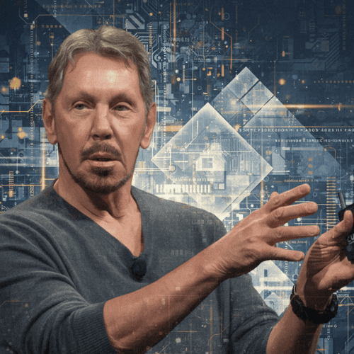Portrait of Larry Ellison against a digital green technology background, used in family office case study Portrait of Larry Ellison against a digital green technology background, used in family office case study