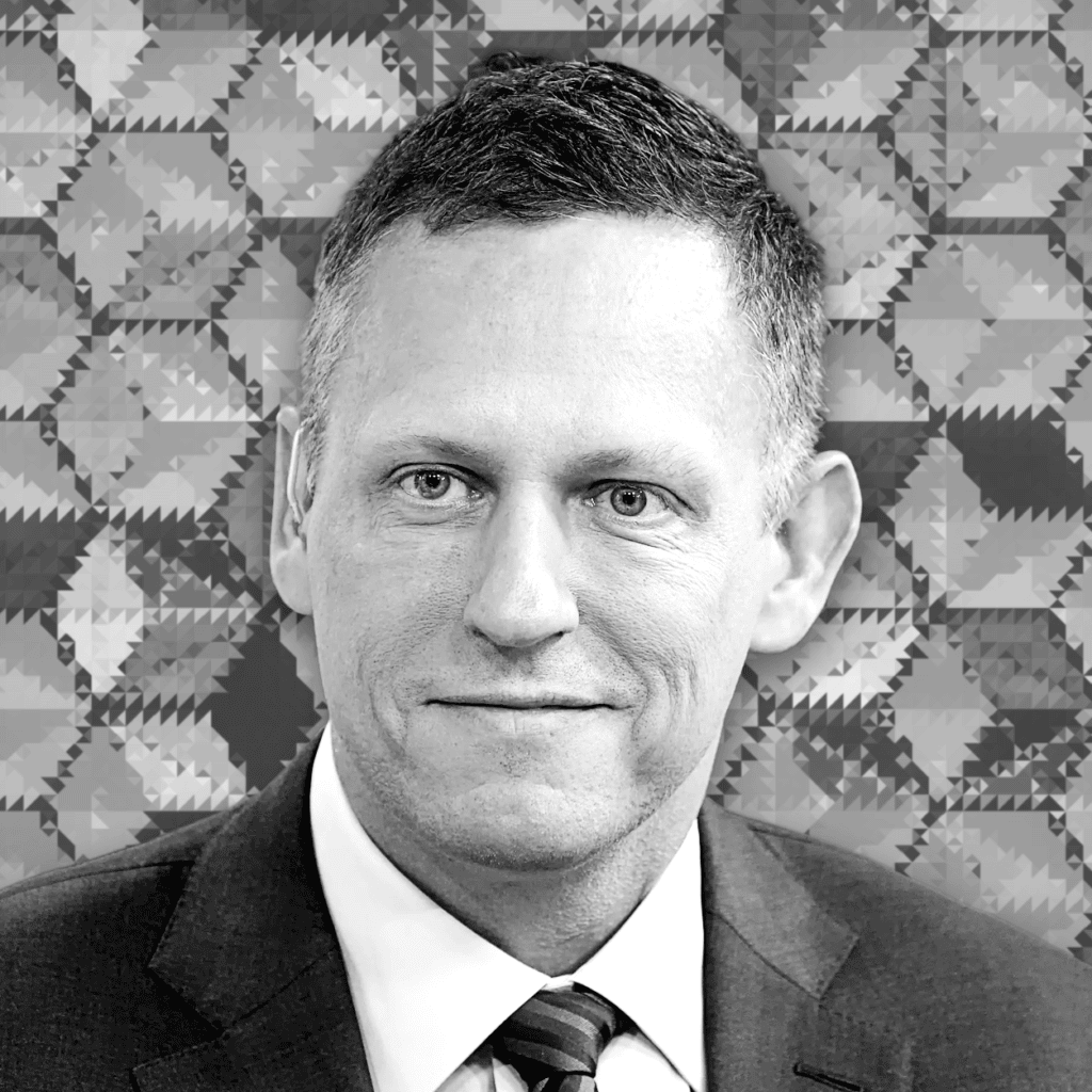 Black and white portrait of Peter Thiel in a suit with a geometric patterned background, used in family office case study Black and white portrait of Peter Thiel in a suit with a geometric patterned background, used in family office case study