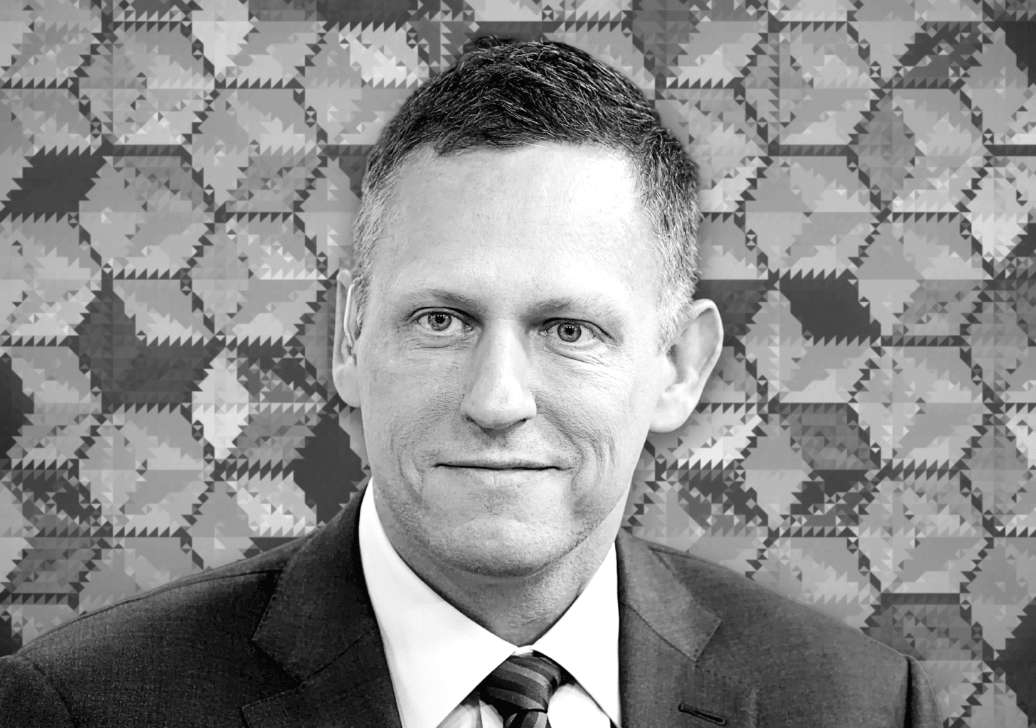 Black and white portrait of Peter Thiel in a suit with a geometric patterned background, used in family office case study Black and white portrait of Peter Thiel in a suit with a geometric patterned background, used in family office case study