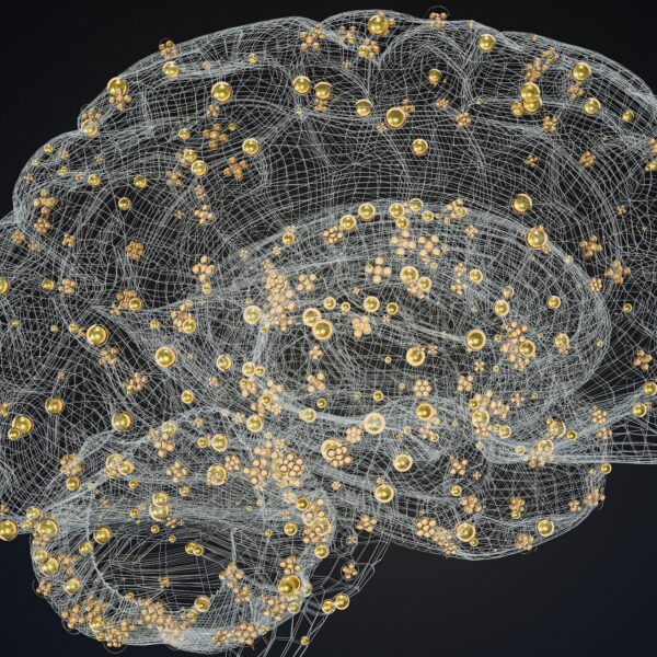 Abstract neural network illustration of a digital brain with gold nodes, symbolising AI intelligence and data orchestration for family offices