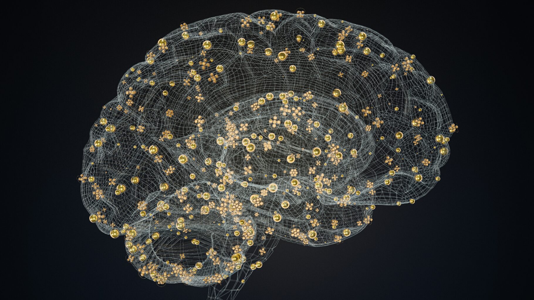 Abstract neural network illustration of a digital brain with gold nodes, symbolising AI intelligence and data orchestration for family offices