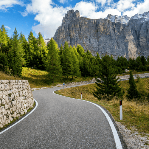 Mountain road winding through a forest towards high cliffs, symbolising a clear path to unified multi-asset management and reporting for family offices with FundCount.